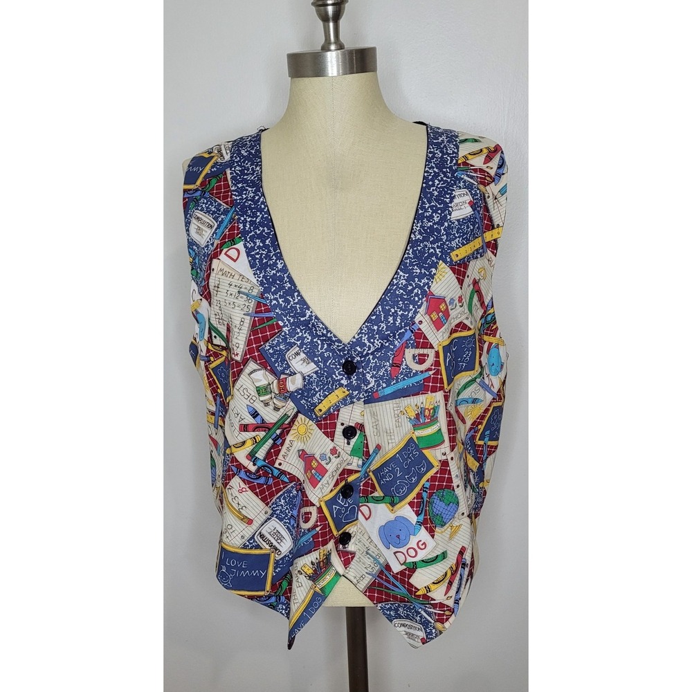 VTG Robyn-Lyn Vest L/XL Printed Vest Back to School Artsy Art To Wear Teacher